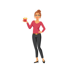 beautiful sexy old woman with present of her hand smiling flat illustration 