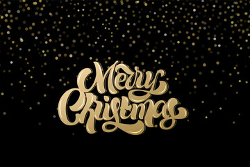 Merry Christmas greeting card, invitation, poster, banner, background with golden confetti.