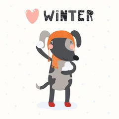 Fotobehang Hand drawn vector illustration of a cute funny dog throwing snowball, outdoors, with text Winter. Isolated objects on white background. Scandinavian style flat design. Concept for children print. © Maria Skrigan