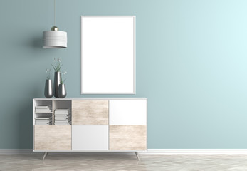 Mock up poster frame in Scandinavian style hipster interior. 3D illustration