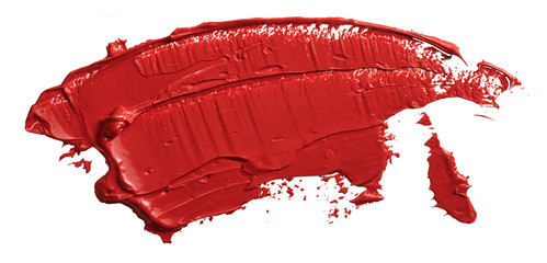 Textured hand drawn red oil paint brush stroke painting, convex with shadows, isolated on white background