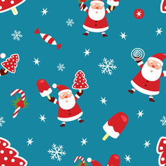 Seamless Christmas pattern. New Year pattern with Santa Claus, Christmas tree, ice cream, candy and candy. Vector illustration