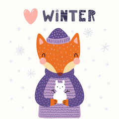 Hand drawn vector illustration of a cute funny fox holding little snowman, outdoors, with text Winter. Isolated objects on white background. Scandinavian style flat design. Concept for children print.