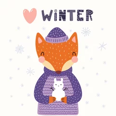 Fotobehang Hand drawn vector illustration of a cute funny fox holding little snowman, outdoors, with text Winter. Isolated objects on white background. Scandinavian style flat design. Concept for children print. © Maria Skrigan