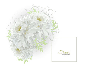 Greeting card with flowers bouquet - white chrysanthemums.