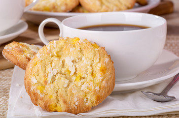Lemon Cookie Closeup and Cup of Coffee