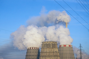 cooling towers of thermal power plant in winter