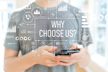 Why choose us with young man using a smartphone