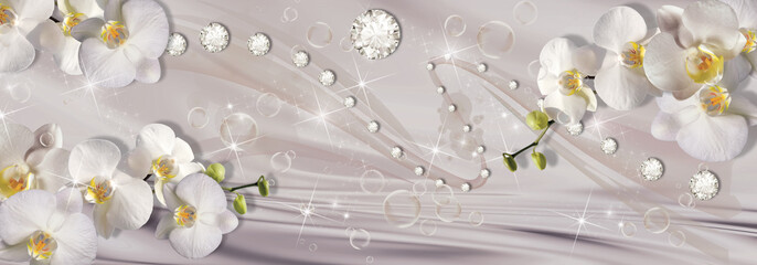 3d wallpaper, orchids, bubble and rhinestones on beige silk background
