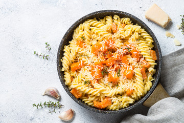 Pumpkin pasta with thyme, cream sauce and parmesan.