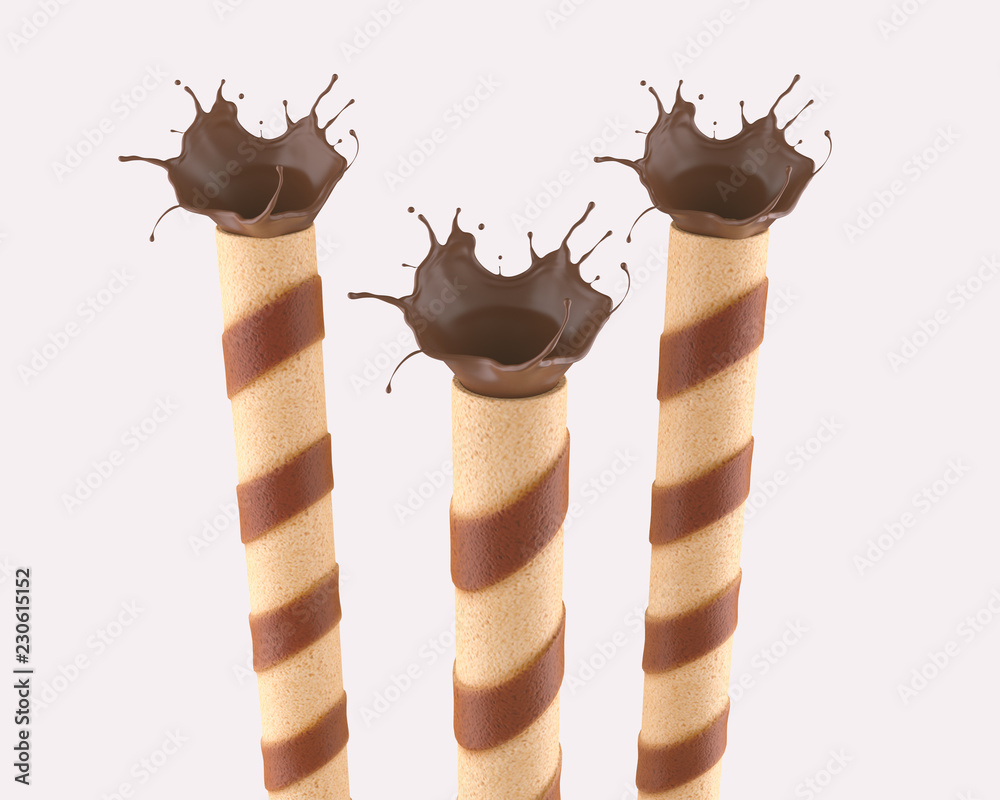 Poster Wafer Roll with chocolate splash isolated on white background.