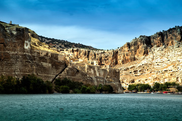 Landscape of Rumkale  in the foreground Euphrates River. Halfeti and Rumkale are a touristic areas between Gaziantep and Sanliurfa in Turkey.