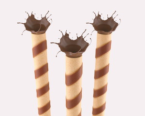 Wafer Roll with chocolate splash isolated on white background.