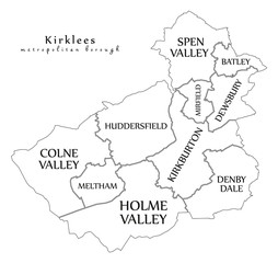 Modern City Map - Kirklees metropolitan borough of England with areas and titles UK outline map