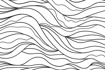 Monochrome wave pattern. Wavy background. Hand drawn lines. Hair texture. Doodle for design. Line art. Black and white wallpaper