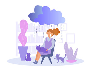 Lonely woman with cats. Depression Vector. Cartoon. Isolated art on white background. Flat