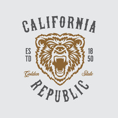 Fototapeta premium California republic t-shirt design with grizzly bear head. Vector vintage illustration.