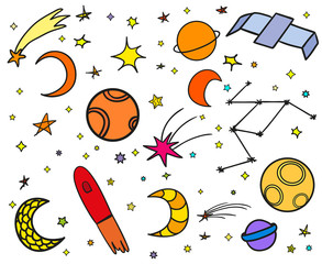 Cosmos elements on white background. Colorful cosmic doodles for design. Hand drawn simple space symbols. Line art. Set of different astronomical signs. Art creation