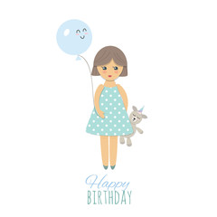 Cute little girl with toy unicorn isolated on white. For greeting card, notebook cover or kids clothes design.