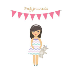 Cute little girl with toy unicorn isolated on white. For greeting card, notebook cover or kids clothes design.