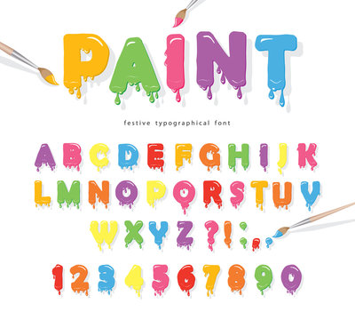 Paint flow colorful font. Cute funny cartoon letters and numbers.