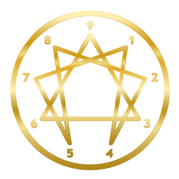 Golden Enneagram of Personality. Sign, logo, pictogram with nine numbers, ring and typical structured figure. Rainbow gradient colored vector illustration on white background.

