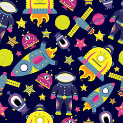 The vector cartoon seamless pattern with flat aliens, spaceships, planets, satellites and cosmonaut. Funny characters.