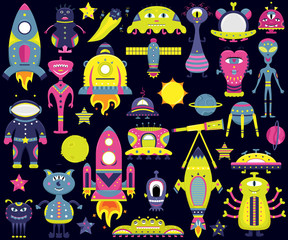 The vector cartoon set with flat aliens, spaceships, planets, satellites and cosmonaut. Funny characters.