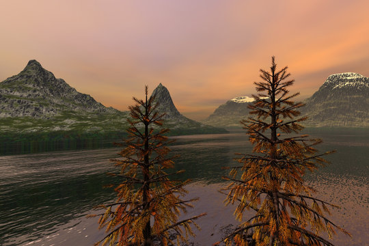 Coniferous trees, an autumn landscape, beautiful waters in the lake, snowy mountain peaks and orange clouds in the sky.