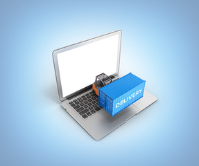 Delivery concept Cargo container with a forklift placed on a laptop isolated on blue gradient background 3d
