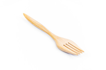 Only empty fork made of wood on white background. Top view. Isolated. Wooden.