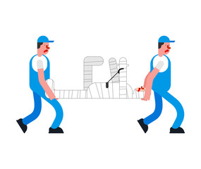 Movers and Injured man. Porters carry man in bandages. bandaged patient bedside. Loader mover man holding. Accident consequences. Vector illustration