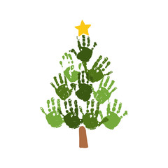 Christmas tree of handprints with yellow star. Watercolor acrylic kids Christmas art. Children Christmas crafts. Family Christmas card design. Vector eps 10 illustration isolated on white .