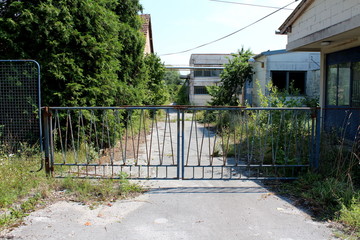 Locked rusted metal doors protecting entrance to abandoned factory with completely overgrown driveway surrounded with deserted buildings with broken windows and dilapidated facade on warm sunny day