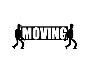 Moving service logo Delivery sign. Two Movers. Porters carry symbol. Loader mover man holding.