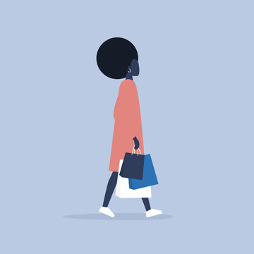Young female african american character holding a bunch of paper bags. Shopping. Millennial consumer. Flat editable vector illustration, clip art