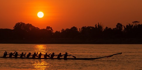 Training for victory/Thai rowing boat is training to compete in the evening. , Photography,...