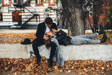 young couple walks on the city