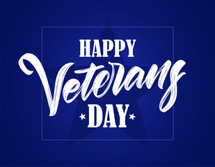 Vector illustration: Hand drawn calligraphic lettering of Happy Veterans Day on blue background.