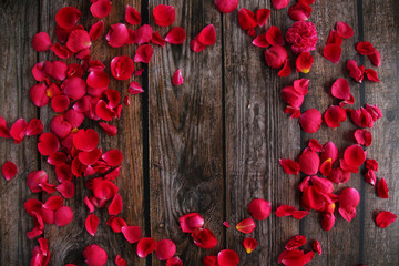 Red rose flower petal on wooden background 