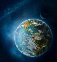 Obraz na płótnie Canvas Ecuador from space on Earth surrounded by space with Moon and Milky Way. Detailed planet surface with city lights and clouds.