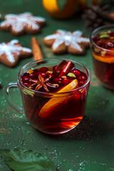 Christmas hot mulled wine with spices and fruits