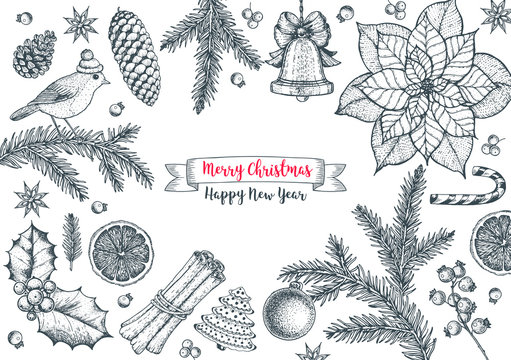 Christmas greeting card. Hand drawn sketch. Vector illustration. Christmas invitation design template. Sketch collection.