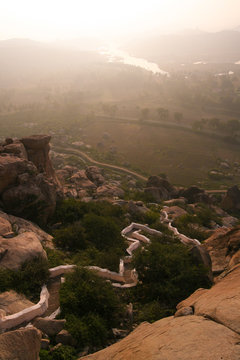 Long strais to monkey temple at sunrise Hampi India
