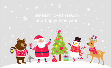 Christmas card with Santa and animals