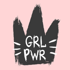 Silhouette of crown and abbreviated text Girl Power. Sketch, watercolour, grunge, graffiti.