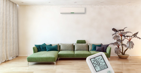 modern bright interiors Living room with air conditioning and remote control illustration 3D rendering computer generated image