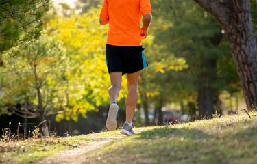 Strong runner training on rural track jogging at sunset in nature in cross country and sports