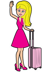Traveller woman with a luggage/ Illustration a young woman with a suitcase, waving a hand, greeting someone