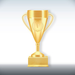 Golden realistic Trophy cup with number one, srats and laurel wreath on textured gilded stand isolated on white background. Vector illustration